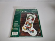 Vtg Bucilla SANTA  BEAR Christmas 18" Stocking Printed Cross Stitch Kit 32517