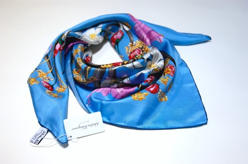 New Salvatore Ferragamo Scarf Floral Garden Sky Blue Pink Multicolor Silk Wrap - Picture 9 of 14