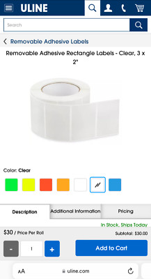 ULINE Removable Adhesive Rectangle Labels - Clear, 3 x 2'' S-24299C 1000/roll
