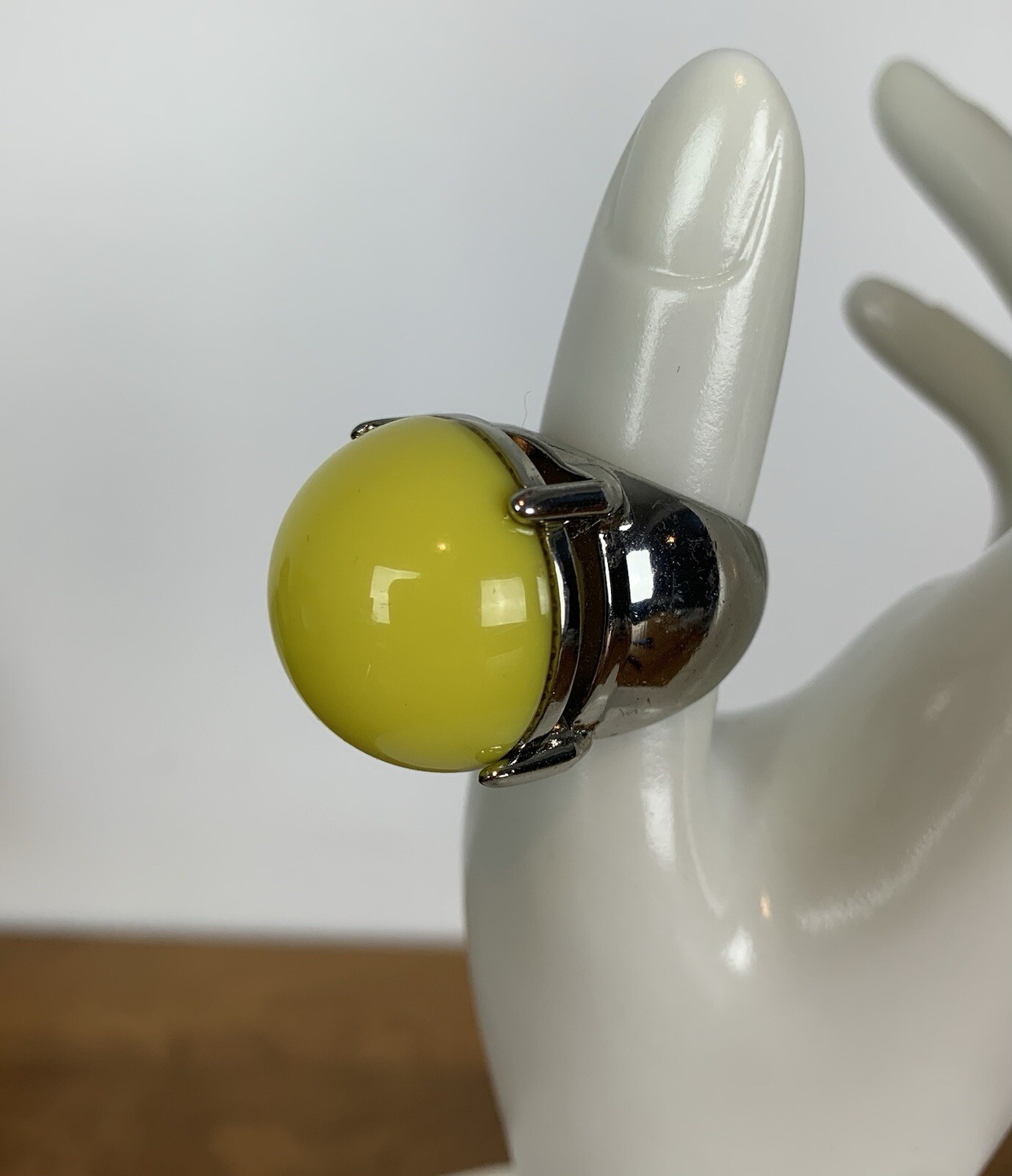 Retro Inspired Ring Yellow Cabochon Silver Tone Band Size 7 Big Bold Statement