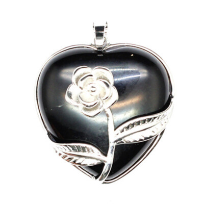 Natural Crystal Quartz Heart Pendant Rose Flower Wrapped Chakra Reiki Amulet