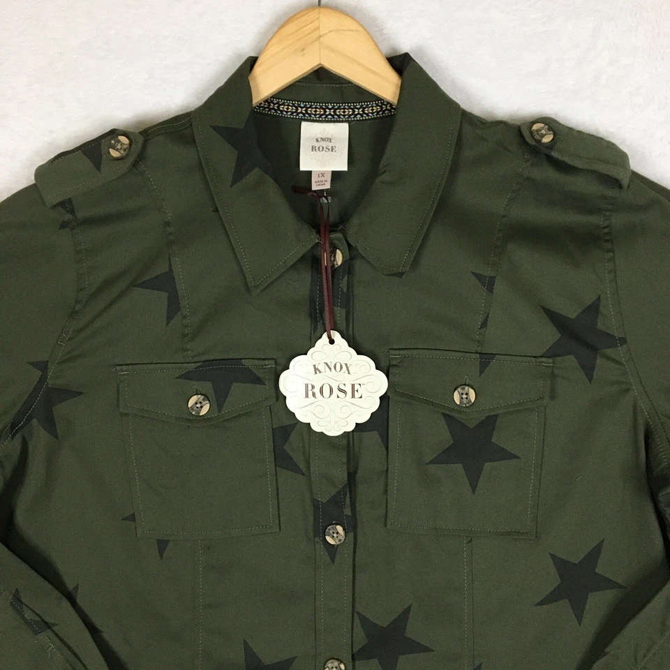 Camisa Knox Rose Utility Abotonada Chaqueta Cazadora 1X Verde Oliva Estrellas Nueva con Etiquetas Top Foto 2 de 4