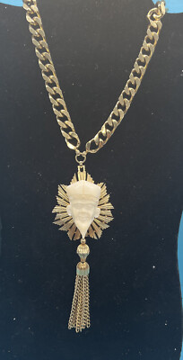 Vintage Nettie Rosenstein Gold Tone Carved Resin Pendant Curb
