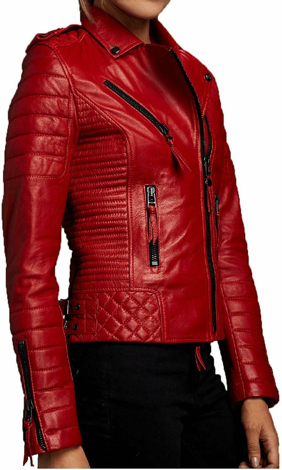 Leather jacket handmade red lambskin quilted biker leather jacket for women's-image