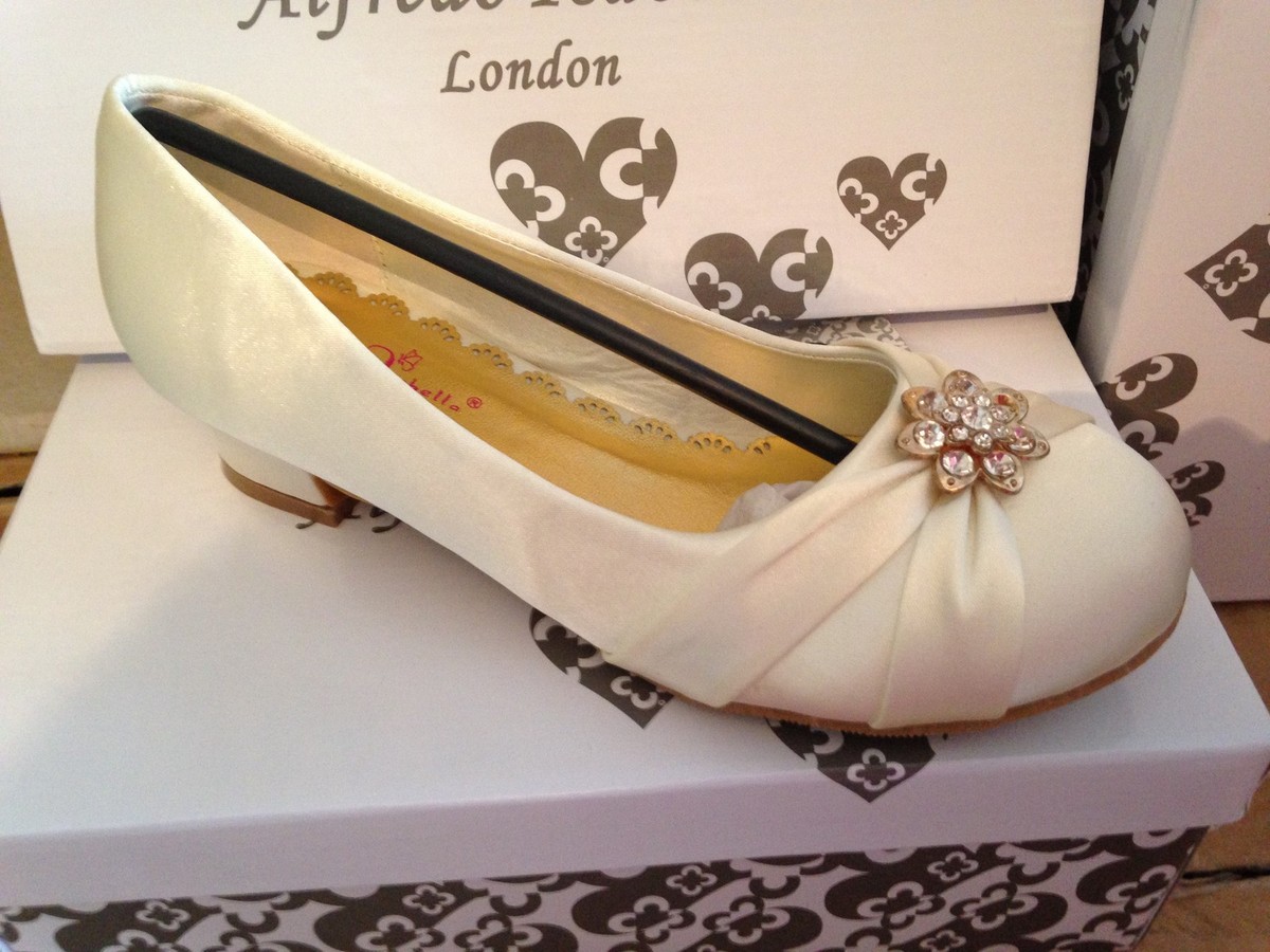 GIRLS IVORY SATIN SHOES DIAMANTE TRIM BRIDESMAID WEDDING COMMUNION