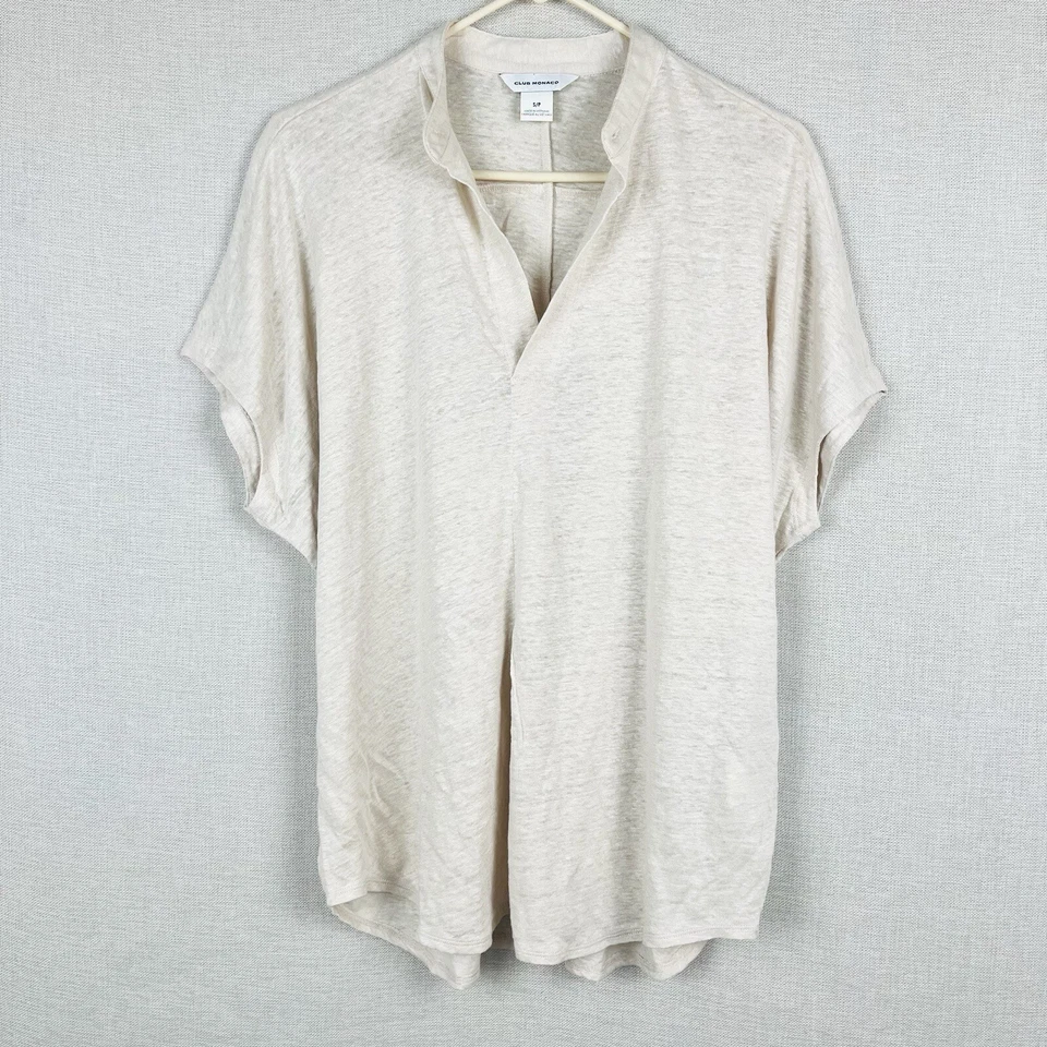 Blusa túnica Club Monaco linho bege tamanho grande manga curta Jandina pequena - Imagem 2 de 4