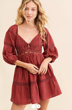 EEUC Free People All Mine Mini Boho Peasant Dress Burgundy Small