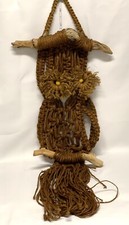 Vintage Handmade Macram   Driftwood Brown MCM Owl Yellow Wooden Eyes 30  long
