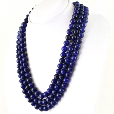 833.50 CTS EARTH MINED 3 LINE RICH BLUE SAPPHIRE ROUND SHAPE BEADS NECKLACE