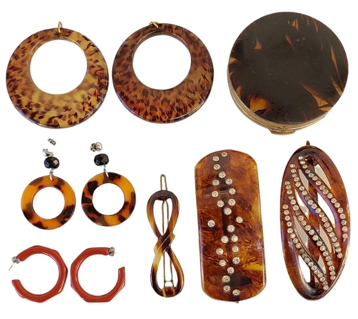 Vintage Tortoise Celluloid Hair Barrettes Earrings & Brass  display picture 1