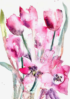 Original Rosa Tulpen Aquarell Gemälde Blumen Botanik Wandbild