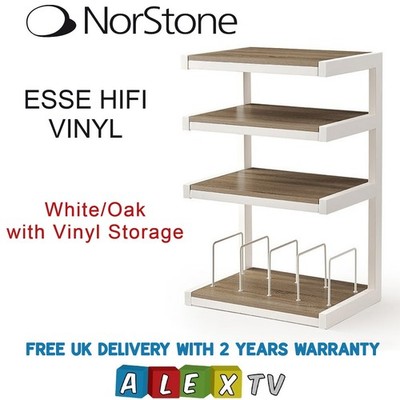 Norstone ESSE weiß HiFi Rack mit Eichenregalen und Vinyl Aufbewahrung HiFi Ständer