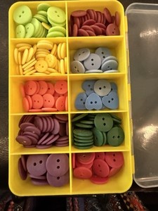 Assorted Small Craft Buttons Lot in Storage Container 10 Colors Used