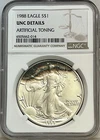 1988 American Silver Eagle Artificial Toning NGC Unc Details
