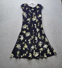 Ralph Lauren Dress 10 Dark Navy w/Yellow Floral Fit & Flare Short Sleeve