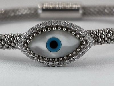 925 Sterling Evil Eye Bracelet Mesh Made in Italy Magnetic Clasp Signed QG