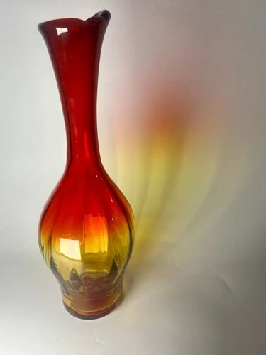 Blenko Style Hand Blown Art Glass Vase Red Amberina Tall Vintage Vase 10”