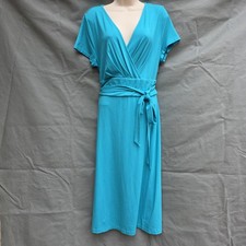 Talbots Size L Teal Blue Dress Stretch Crepe Faux Wrap Short Sleeve Midi