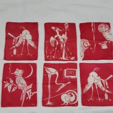 Set of 6 Antique Tom Lamb Art Deco  Whimsy Birds Linen Cocktail Napkins 5"x 7"