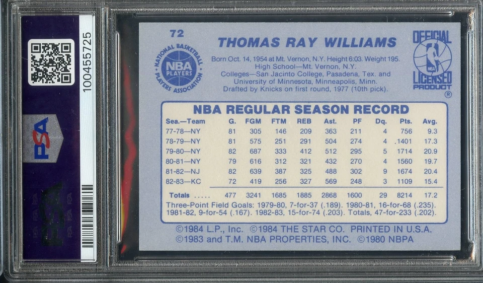 1983-84 Star #72 Ray Williams PSA 6 Rare Low Pop New York Knicks 5725 - Image 2 of 2