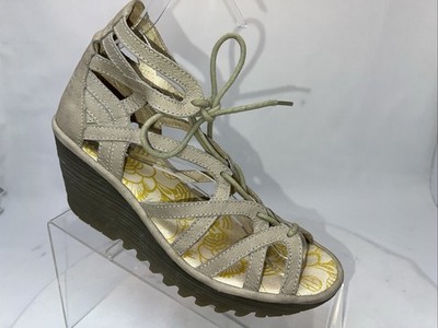 Fly London Yuke Beige  Suede Strappy Lace/Up Wedge  Sandal Sz EU 37 (6.5.-7 US
