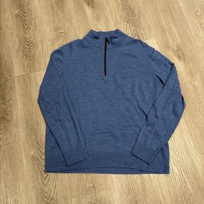 Untuckit Fine Merino Wool Sweater Belguardo Suede Mens XL 1/4 Zip Blue 