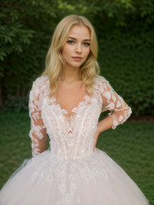 Handmade Lace Wedding Dress with Long Sleeves and Tulle Skirt