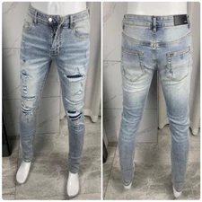 Men's Punk Ripped Patches Jeans， Youth Slim Fit Letter High Quality Biker Pants