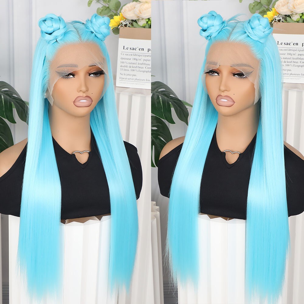 Light Blue Hair Lace Front Wigs Synthetic Pre Plucked Heat R