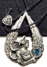 Vintage Pewter Aquamarine Crystal Heart Goddess Corded Necklace 30