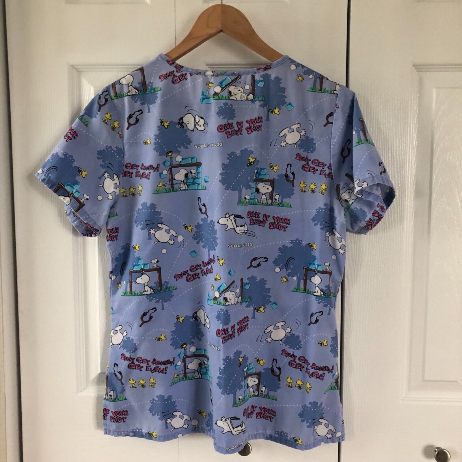 Peanuts Womens Scrub Top Size Small Snoopy & Wood… - image 2