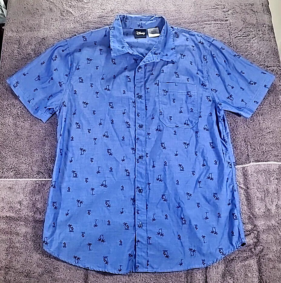 Disney Shirt Mens XL Blue Mickey Mouse Palm Tree All Over Print Camp Button Up