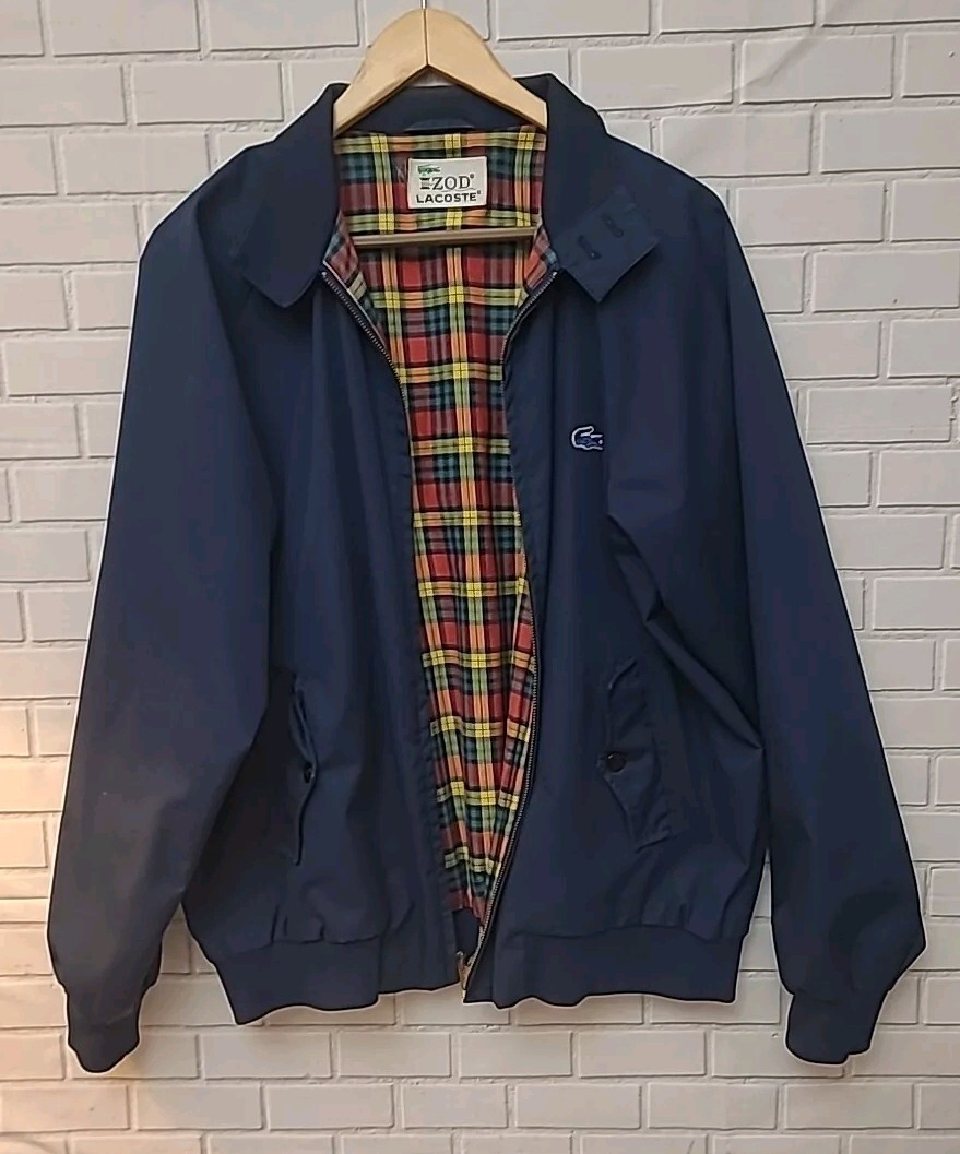 VTG IZOD Lacoste Zip Jacket Adult Large Blue Tartan Lining Lightweight  Preppy