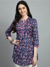 Women Tunic wear ; Navy Blue  Pink Floral Printed Pure Cotton Tunic Kurti
