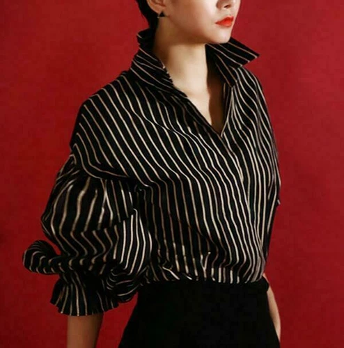 Womens Inspired Striped Blouses Stand Collar OL Tops Puff Sleeves Designer Shirt - Picture 5 of 17