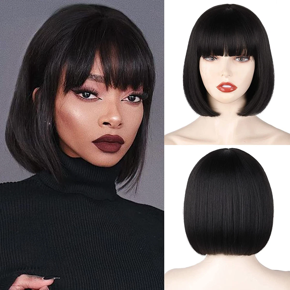 Short black top wig with bangs