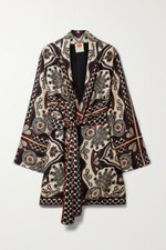 Farm Rio Belted Printed Satin-twill Jacket In Black Large Nwt