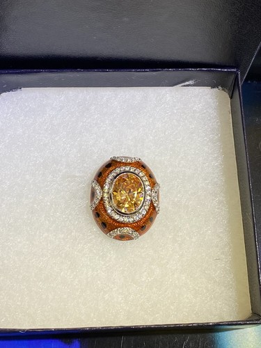 VINTAGE BIG ORANGE YELLOW CITRINE & CZ Stones ENAMEL 925 STERLING SILVER PENDANT - Picture 6 of 7