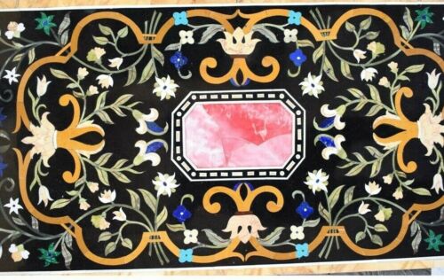 54" x 30" Black Marble Table Top semi precious stones inlay Pietra Dura Work - Picture 2 of 3