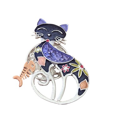 Magnetic Pin/Brooch CAT with fish charm- flowers-navy blue purple pink green