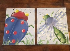 2 Hand Painted Bug Paintings On Canvas Matching Vintage Pottery Barn Bug Bedding
