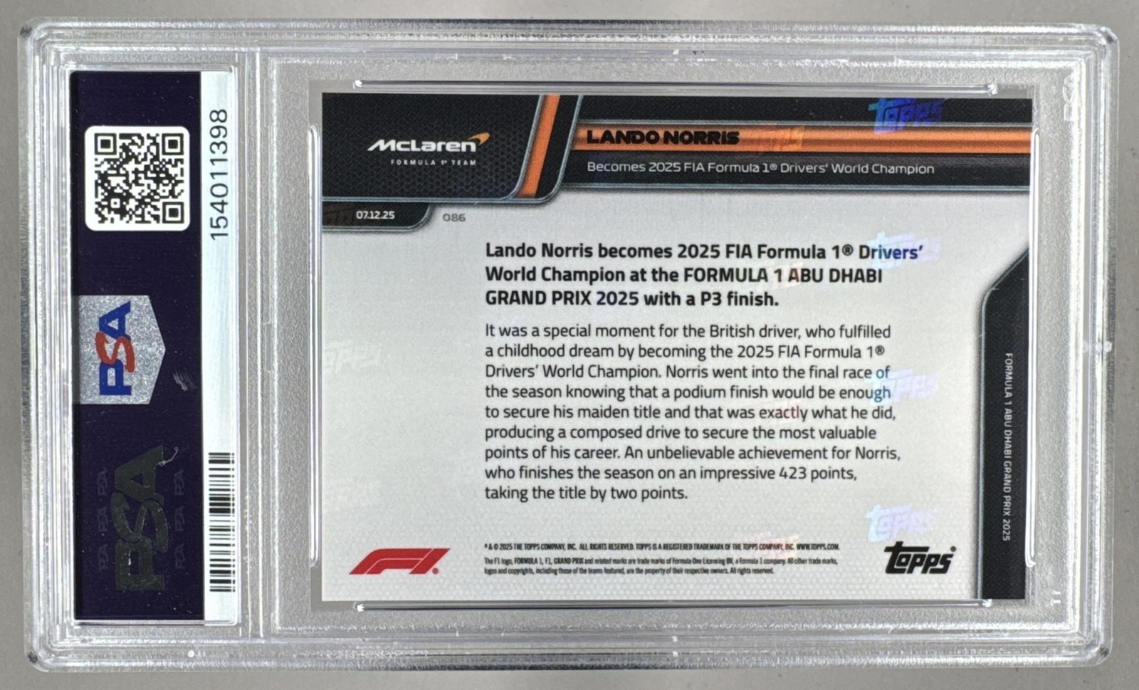 154011398 Lando Norris 2025 Topps NOW F1 #086 PSA 10 view 2