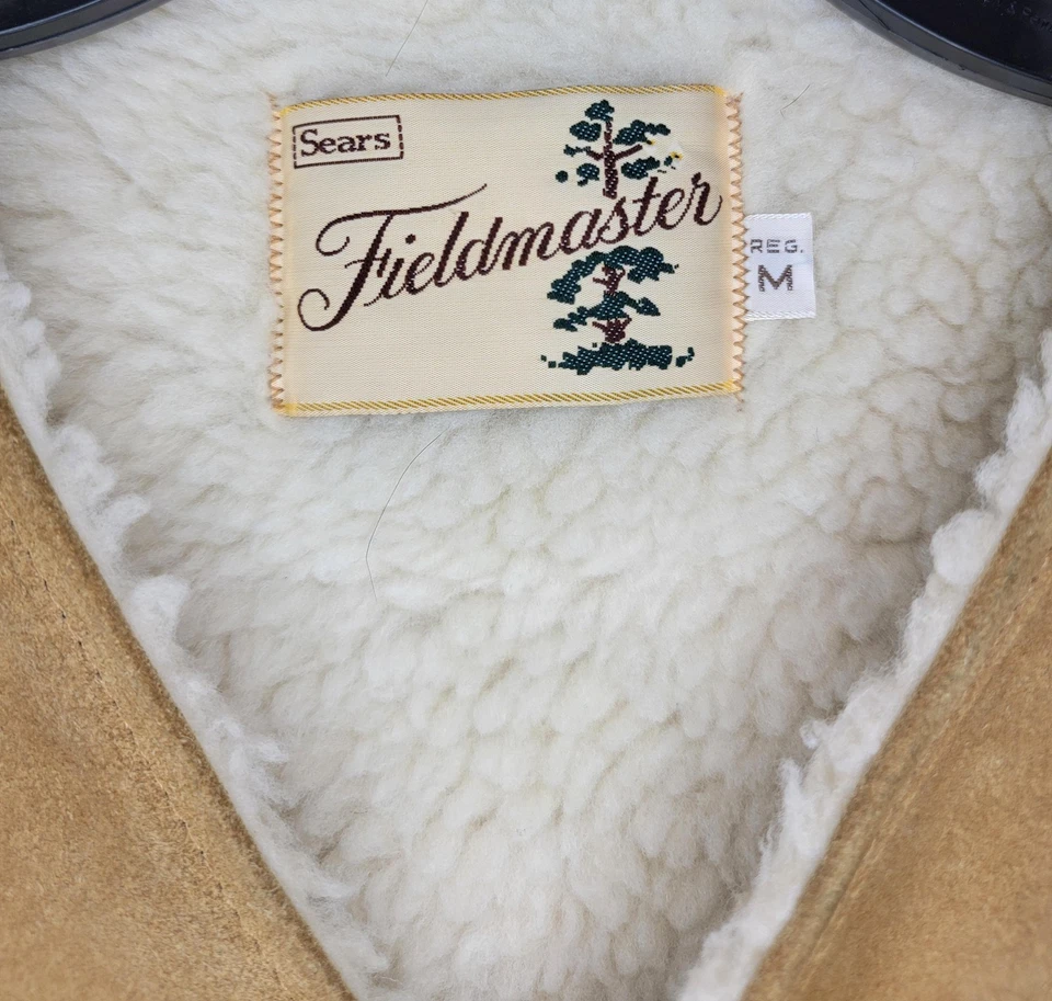 Vintage Sears Fieldmaster Vest Mens Medium Tan Suede Sherpa Lined Western 70s - Image 2 of 4