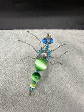 Vintage Bug Brooch Green Blue Wire Wrapped Glass Bead Insect
