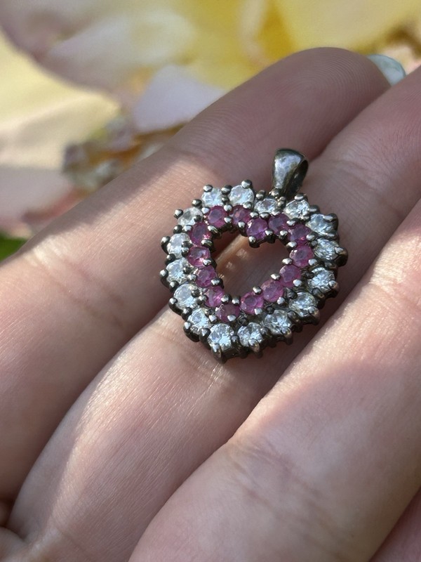 Vintage 925 Sterling Silver CZ + Synthetic Rudy Gaudy Heart Pendant
