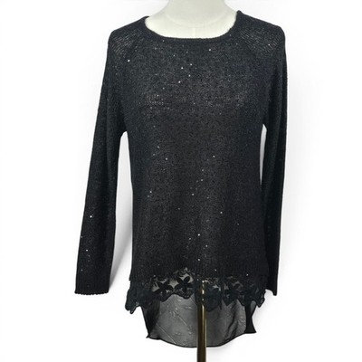Kasumi Womens Black Sequin Knit Sweater Lace Trim High Low Keyhole Back Medium