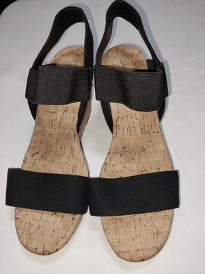 Lucky Brand Black Beige Strappy Wedge Studded Slip On Cork Sandals Women