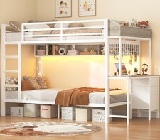 Twin Over Twin Bunk Bed with Desk Charging Station LED Lights White 3 Drawers