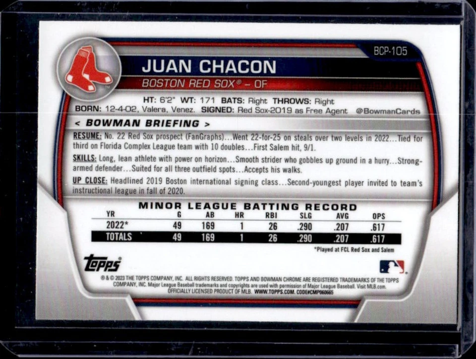 2023 Bowman Juan Chacon Chrome 1st #BCP-105 Red Sox - Image 2 of 2