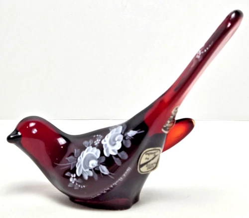 Vintage 80s Fenton Art Ruby Red Glass Bird of Happiness White Roses Hand Signed